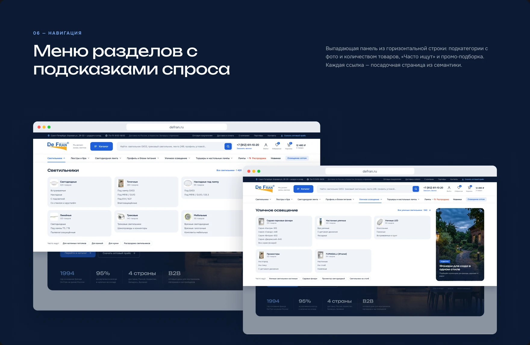De Fran — Меню разделов с подсказками спроса