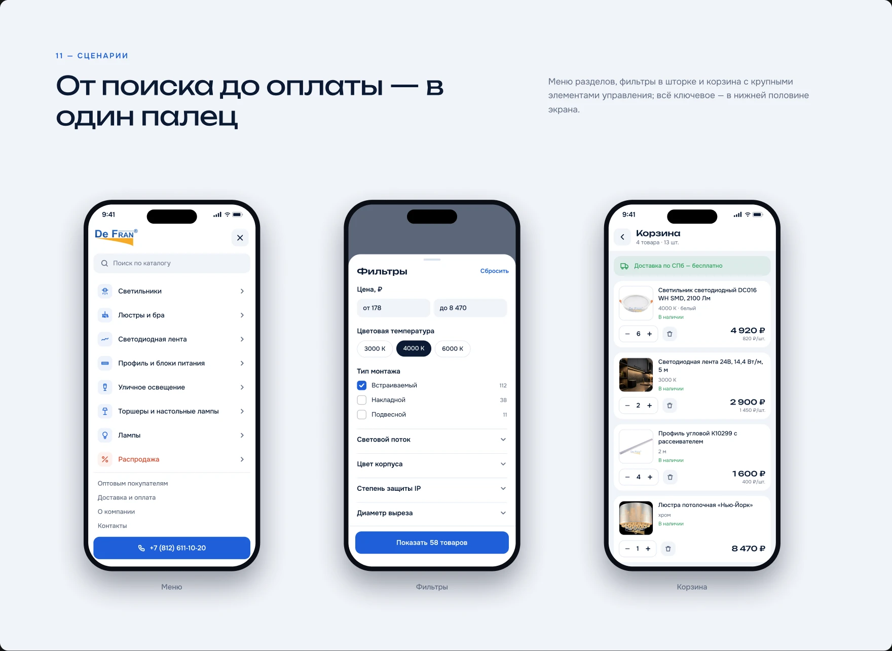 De Fran — Мобильные сценарии: меню, фильтры, корзина